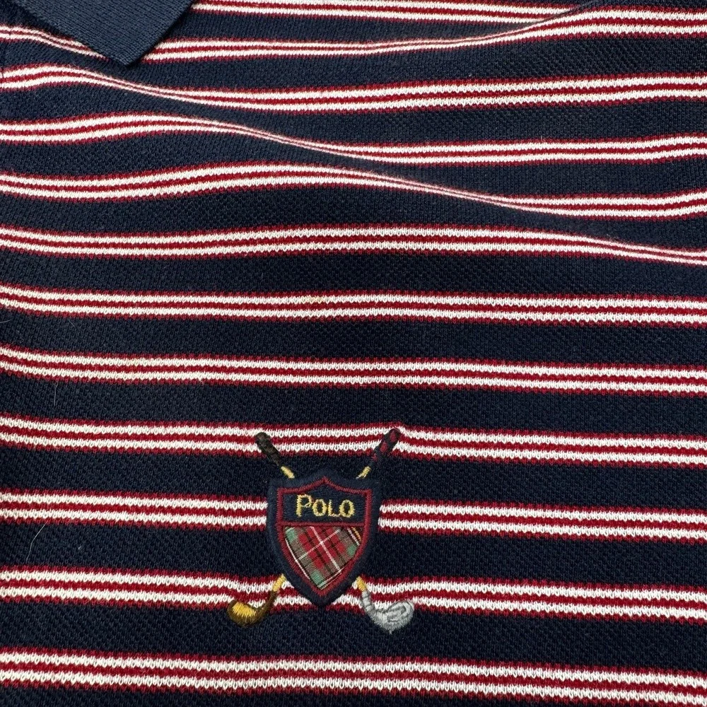 Polo Ralph Lauren Mens XL Striped Golf‎ Crest Polo Shirt Navy Blue Red Cotton